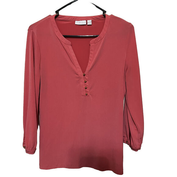 New York & Company Tops - New York & Co Top Womens Size S Stretch Coral Pink Blouse Popover V Neck Buttons